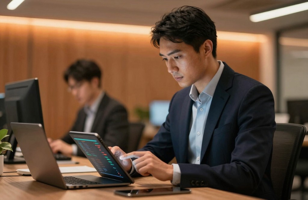Professional reviewing analytics on tablet